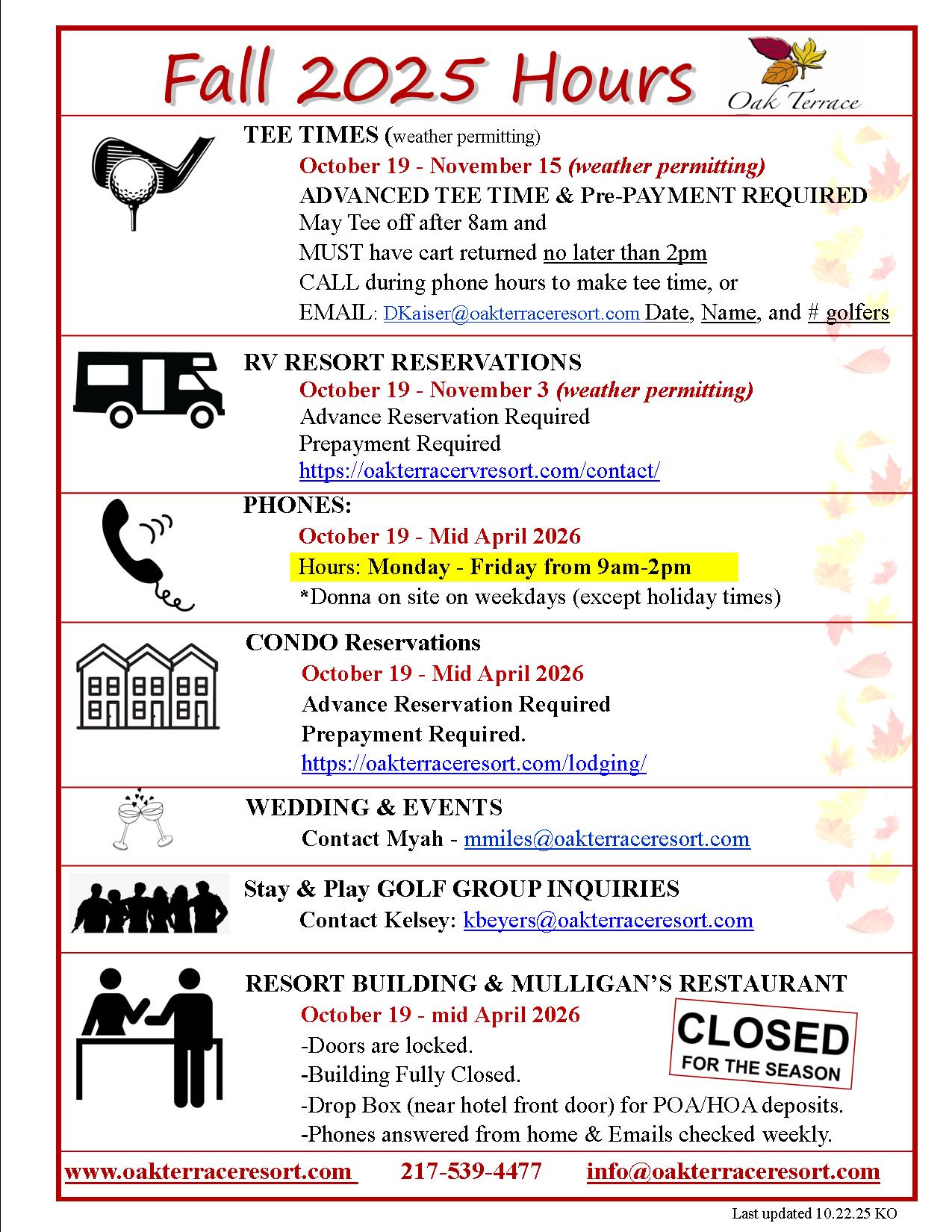 Resort Hours of Operation Fall 2025 KO Resort Hours of Operation Fall 2025 KO