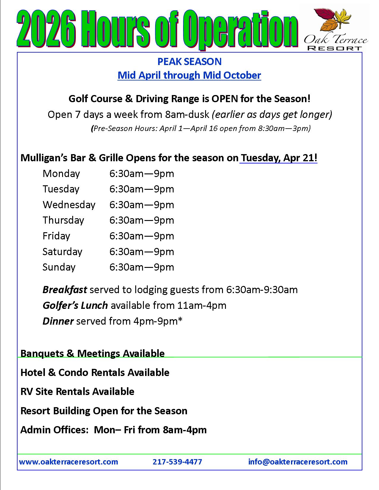 Resort Hours of Operation - Peak Season 2026